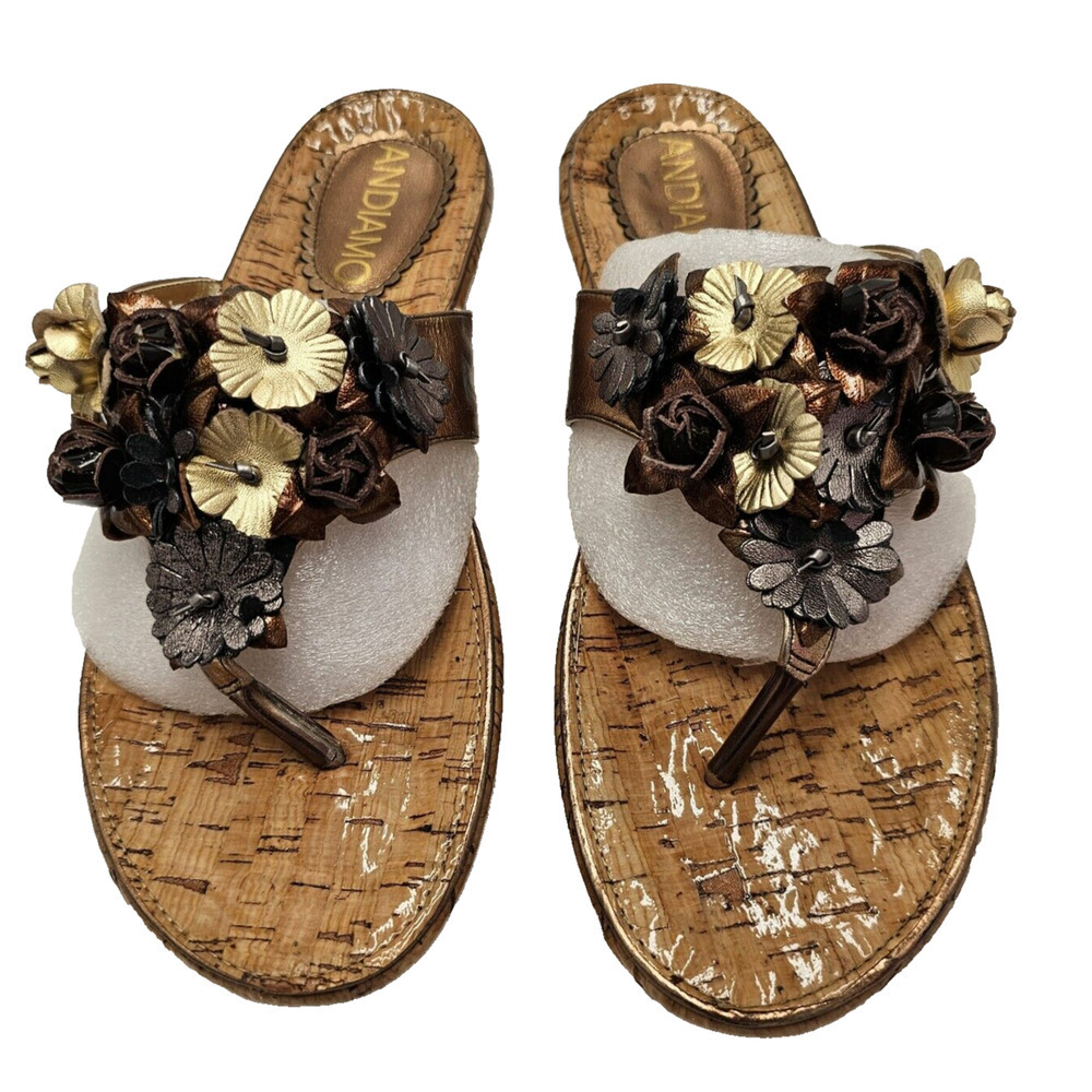 Andiamo Sandals Women Sz 8.5 Slide New Floral Bronze Black Cork Look Metallic